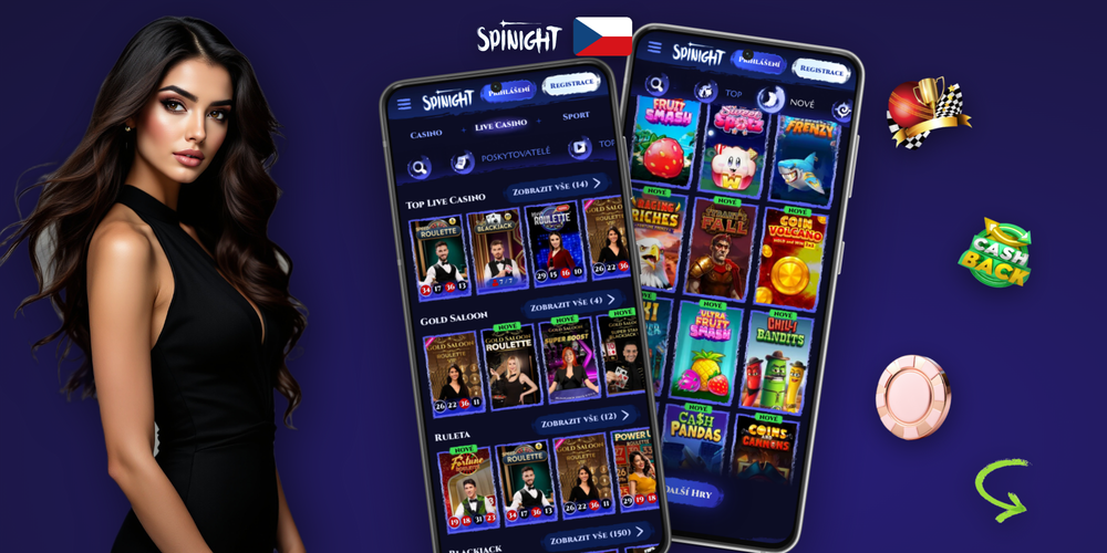 Tři smartphony zobrazují různé obrazovky Spinight aplikace — kasino, ruleta a sázky